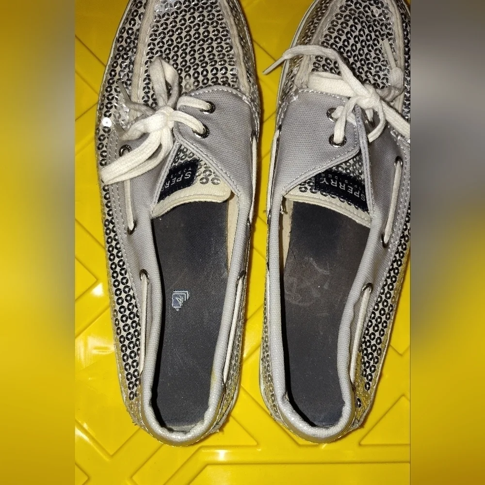 Reel legends Top-Sider Women's Boat Shoes Silver Fabric Lace Up Sequins 10M